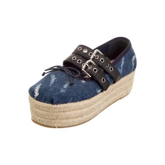 MIU MIU Blue Denim Espadrille Platform Punk Ribbon Lace Ballerina Flats 37/ 36.5 - Picture 1 of 13